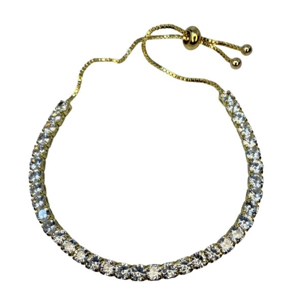 Slider Tennis Bracelet 14K Gold Overlay Adjustable Made with Swarovski Crystals - Picture 14 of 16